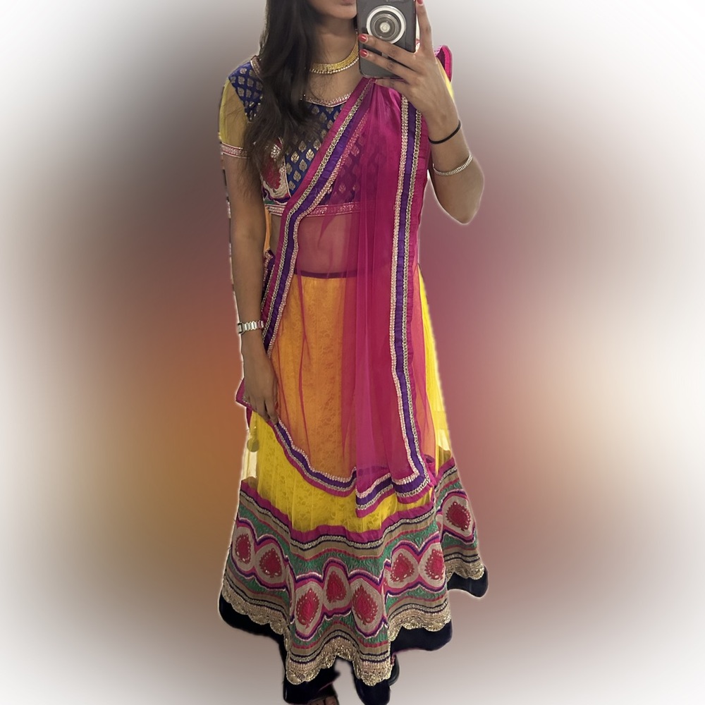 Pink, yellow and blue lengha. Perfect for  Navratri (garba) or any occasion.